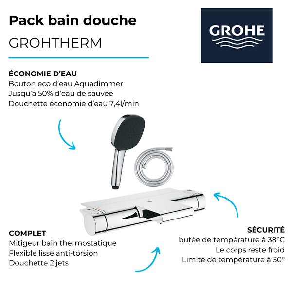 GROHE - Pack mitigeur bain thermostatique Grohtherm 2000 + Douchette 2 jets Vitalio Comfort 110 + Flexible - large