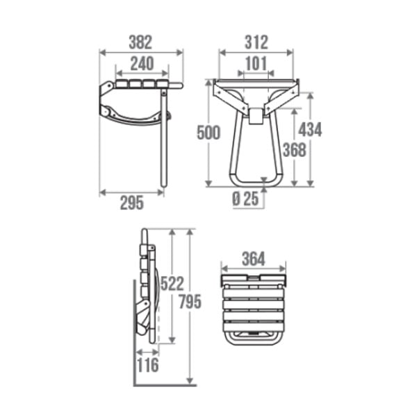 PELLET - Siège de douche PMR escamotable et barre de maintien coudée PMR PELLET Essentiel confort 135 degré - large