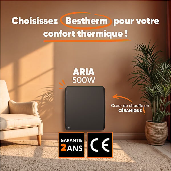 BESTHERM - Radiateur électrique fixe à inertie sèche céramique - BESTHERM - ARIA 500W  - horizontal noir - large