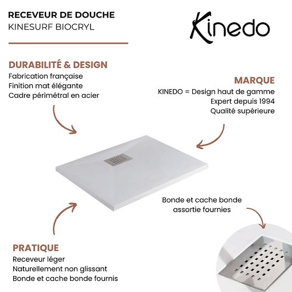 KINEDO - Receveur de douche Kinesurf biotec rectangle Blanc 150 x 90 x 4 bonde centre longueur - large