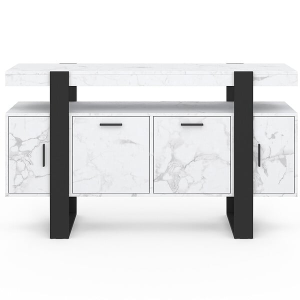 ID MARKET - Buffet 140 cm PHOENIX 4 portes effet marbre blanc ALASKA et noir - large