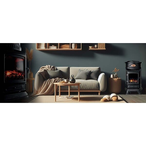 UNIVERSAL - Poêle à gaz 3,4KW NOIR Fonte Véritable Effet feu de bois + Tuyau gaz + Détendeur butane Provence UNIVERSAL - large