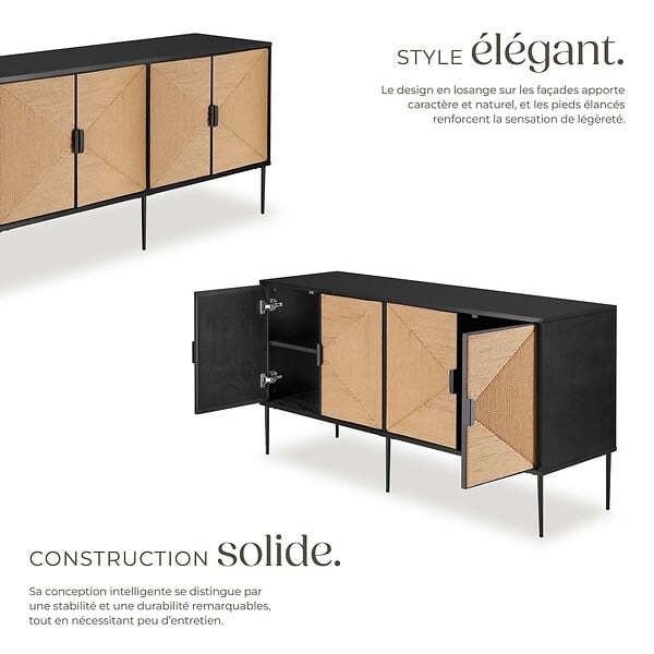 TECTAKE - Buffet JUNA portes effet jute avec 2 compartiments de rangement noir/marron - large
