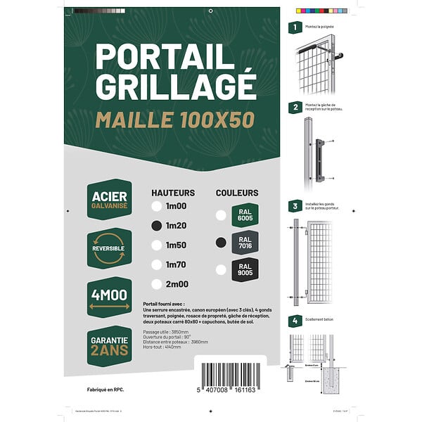 EASY CLOTURE - Portail grillagé maille 100x50 -  Largeur 4 mètres - Square Gate - large