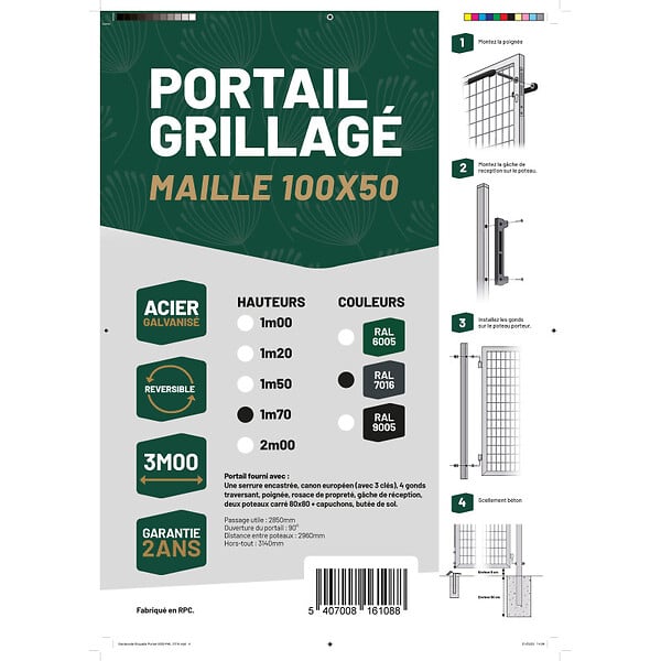 EASY CLOTURE - Portail grillagé maille 100x50 - Largeur 3 mètres - Square Gate - large