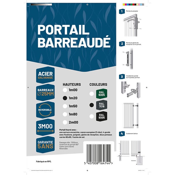 EASY CLOTURE - Portail barreaudé acier galvanisé passage 3m00 H 1m20 Gris anthracite - large