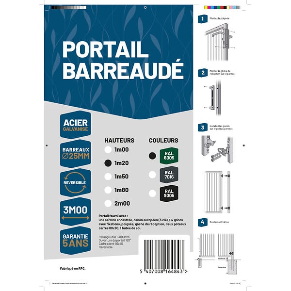 EASY CLOTURE - Portail barreaudé acier galvanisé passage 3m00 H 1m20 Vert - large