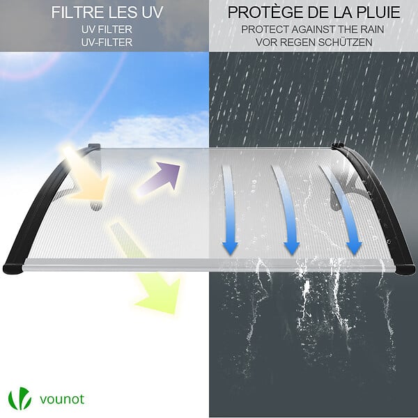 VOUNOT - Auvent de porte marquise 120x80 cm transparent en Polycarbonate anti UV Noir - large