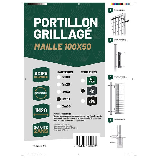 EASY CLOTURE - Portillon grillagé maille 100x50 - Largeur 1m20 - Square Gate - large