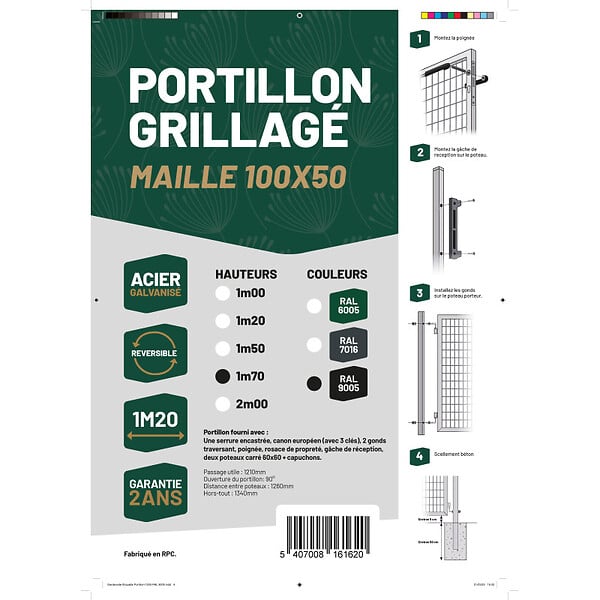 EASY CLOTURE - Portillon grillagé en acier galvanisé maille 100 x 50 L 1m20 x 1m75 Noir - large
