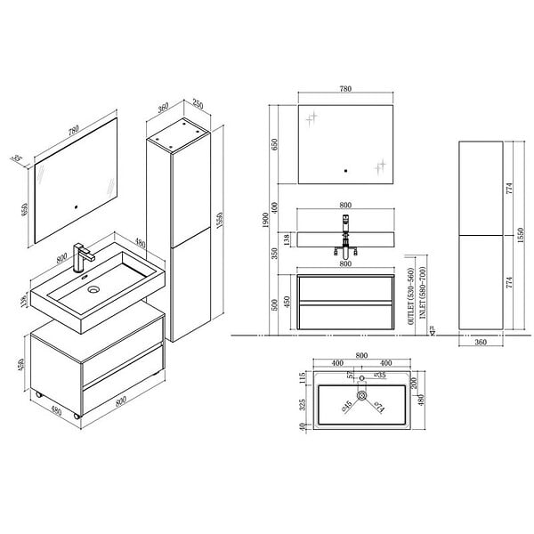 DISTRIBAIN - Meuble de salle de bain VISENZA 800 Noir - large