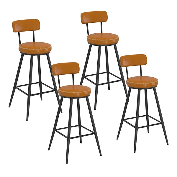 ID MARKET - Lot de 4 tabourets de bar ISAURE PU marron avec coutures et pieds métal noir - large