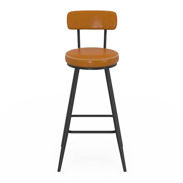 ID MARKET - Lot de 4 tabourets de bar ISAURE PU marron avec coutures et pieds métal noir - large