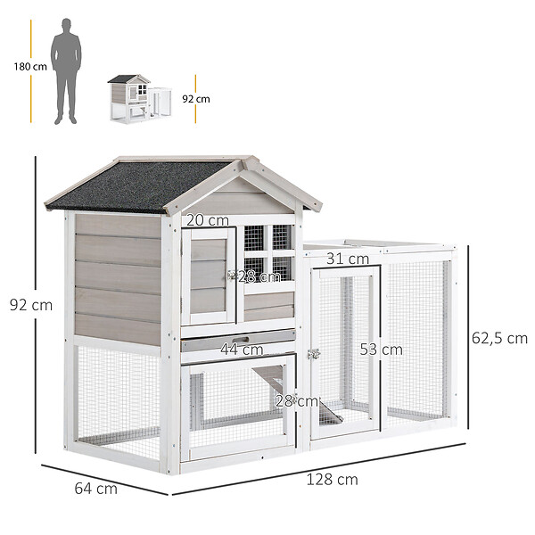 PAWHUT - Clapier cage à lapins cottage - niche supérieure avec rampe et enclos extérieur - plateau excrément, toit bitumé, 4 portes verrouillables - bois sapin blanc gris - large