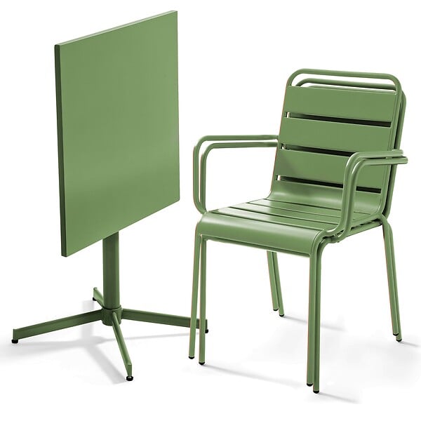 OVIALA - Ensemble table de jardin carrée et 2 fauteuils métal vert cactus  - Palavas - large