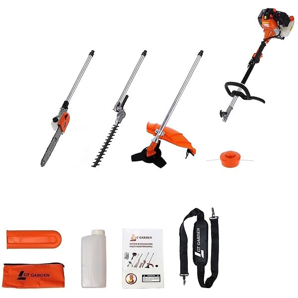 GT GARDEN - Multifonction thermique 4 en 1 : tronçonneuse - débroussailleuse - taille-haies - large