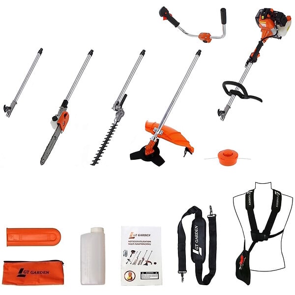 GT GARDEN - Multifonction thermique 4 en 1 avec guidon : tronçonneuse - débroussailleuse - taille-haies et rallo - large