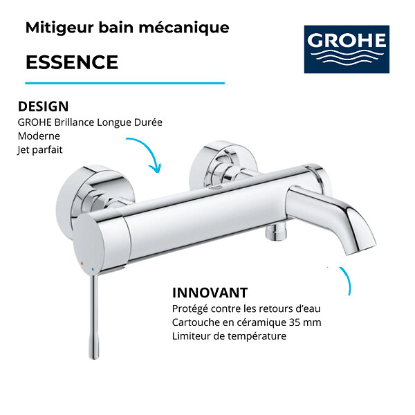 GROHE - Pack mitigeur mécanique Essence avec colonnettes + Douchette 1 jet Vitalio Get Stick + Flexible 1750 mm - large
