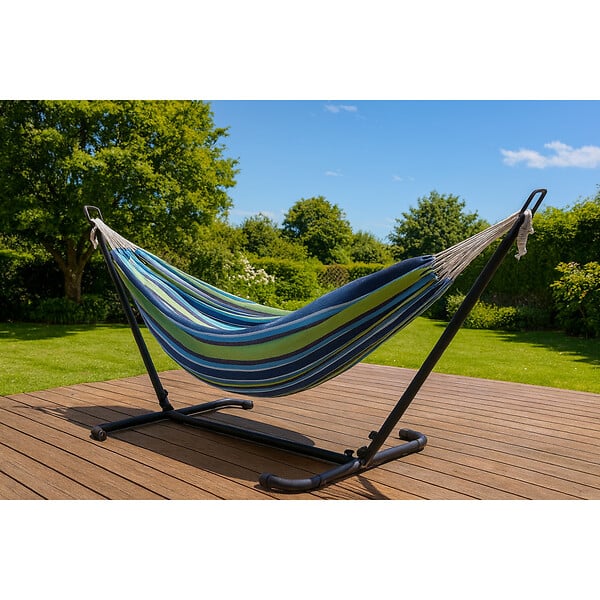 CONCEPT USINE - Hamac sur pied 26 m avec toile en polyester bleu et vert COPACABANA - large