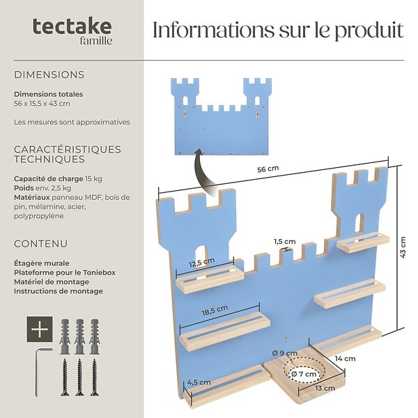 TECTAKE - Étagère murale décorative château pour rangement 16 tonies bleu 56 x 15,5 x 43 cm socle pour toniebox - large