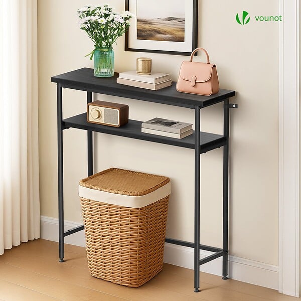 VOUNOT - Console table 2 niveaux style industriel en metal et MDF 80x24x80 cm Noir - large