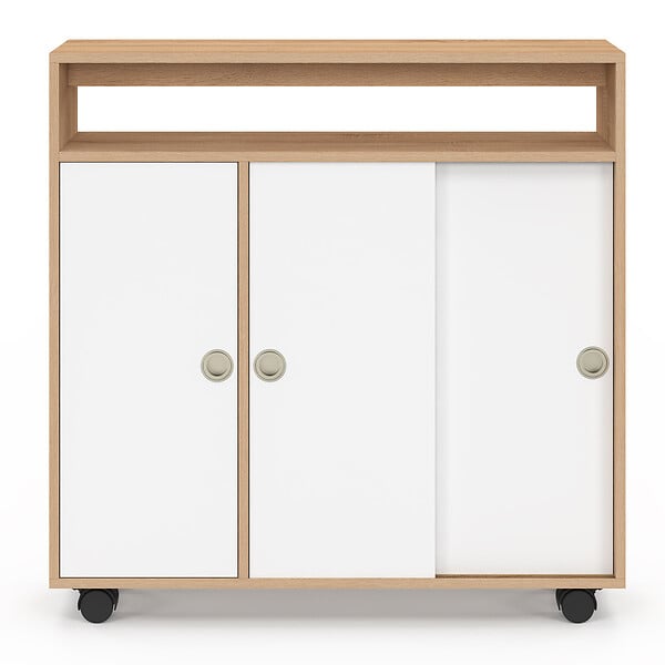 ID MARKET - Armoire d'appoint meuble de rangement à roulettes salle de bain TOMI structure hêtre plateau blanc - large
