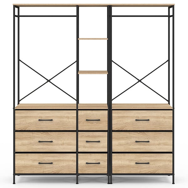 ID MARKET - Dressing penderie modulable L. 150 cm UTAH XXL avec 3 étagères et 9 bacs en tissu bois et noir - large