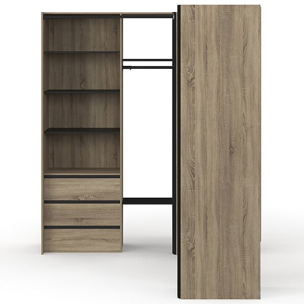 ID MARKET - Dressing extensible d'angle MARLON 200 x 150 x 180 cm hêtre avec penderies + tiroirs + étagères + rideaux noirs - large