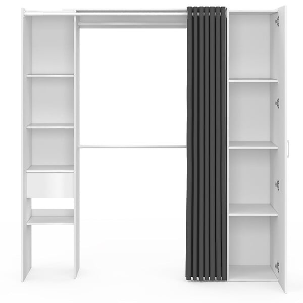 ID MARKET - Dressing extensible MERYL 145/170 x 50 x 180 cm blanc avec étagères + double penderie + miroir + rideau gris - large
