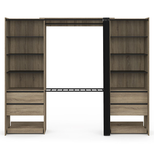 ID MARKET - Dressing double XXL MERYL 220 cm avec porte pantalons + étagères + tiroirs + rangements à chaussures hêtre et noir - large