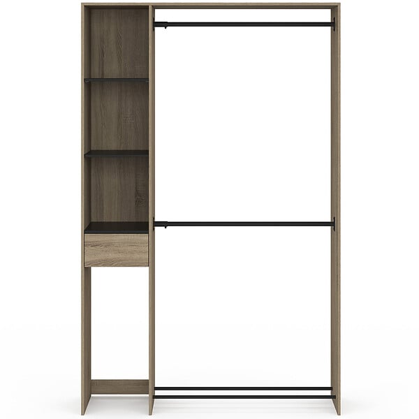ID MARKET - Dressing double penderie L. 110 cm MIRTY avec étagères + tiroir + rangements à chaussures hêtre et noir - large