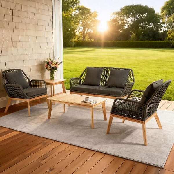 CONCEPT USINE - Salon de jardin 4 places en bois avec 2 tables gris anthracite et bois ROSARIO - large