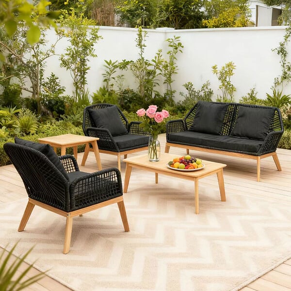 CONCEPT USINE - Salon de jardin 4 places en bois avec 2 tables gris anthracite et bois ROSARIO - large