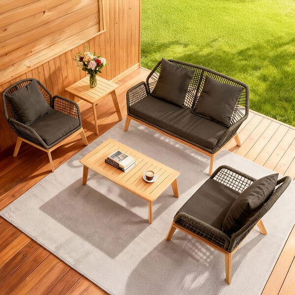 CONCEPT USINE - Salon de jardin 4 places en bois avec 2 tables gris anthracite et bois ROSARIO - large