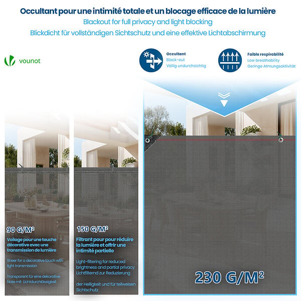 VOUNOT - Brise vue occultant en HDPE 230g/m² 1.8x20m avec attaches de fixation gris - large