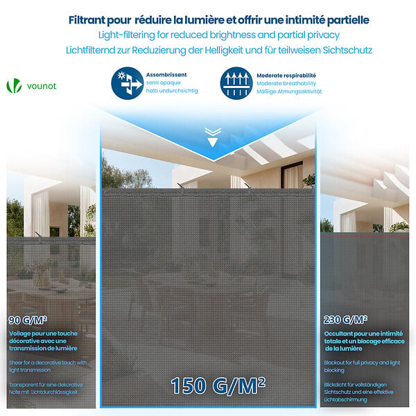 VOUNOT - Brise vue occultant en HDPE 150g/m² 1x10m avec attaches de fixation gris - large