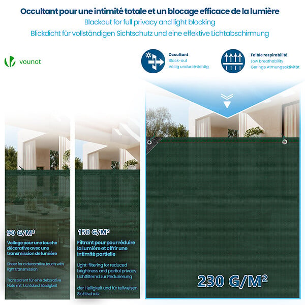 VOUNOT - Brise vue occultant en HDPE 230g/m² 1x10m avec attaches de fixation vert - large