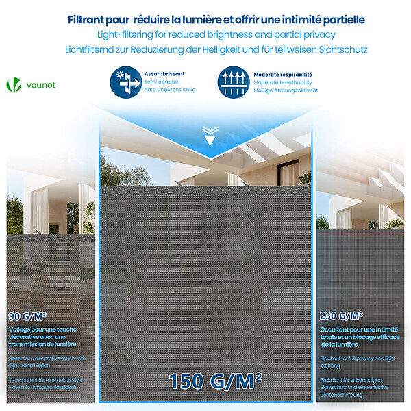 VOUNOT - Brise vue occultant en HDPE 150g/m² 1x20m avec attaches de fixation gris - large
