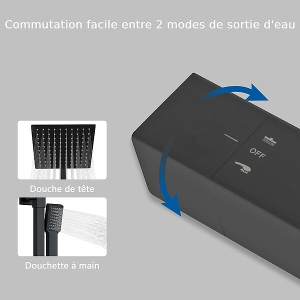 AICA SANITAIRE - AICA colonne de douche thermostatique noir mat avec douche de tête carrée 20X20cm, réglable en hauteur 730-1150mm - large