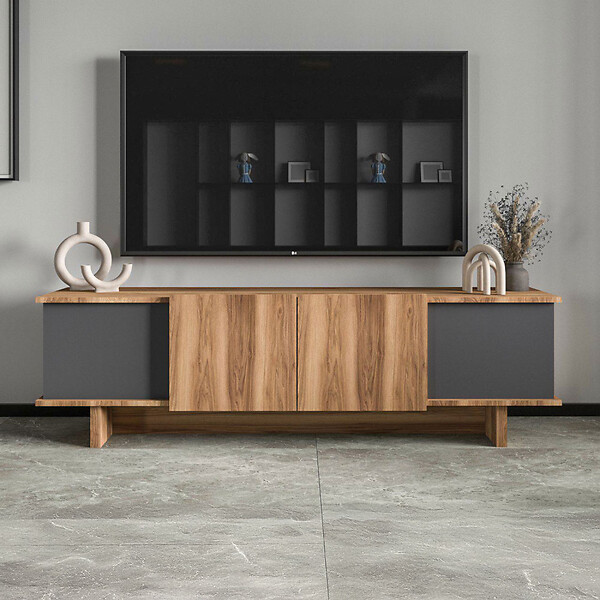 CONCEPT USINE - Meuble TV design avec placards aspect bois et gris anthracite 180cm BRONI - large