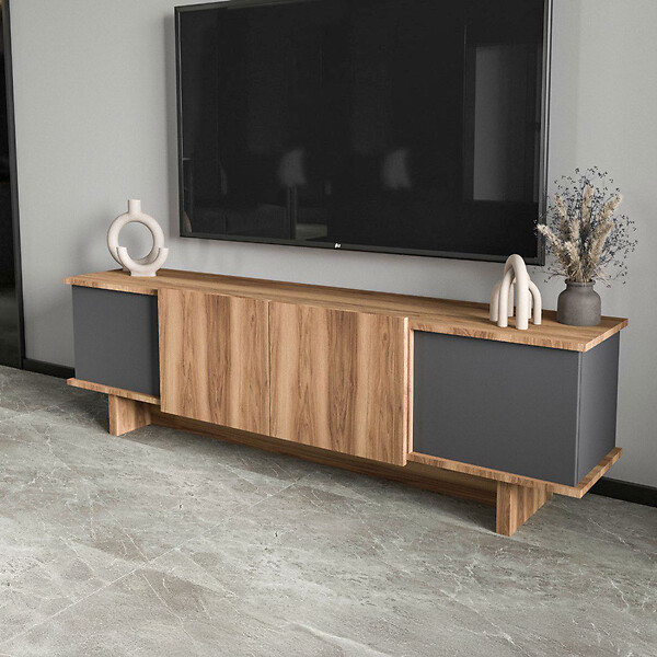 CONCEPT USINE - Meuble TV design avec placards aspect bois et gris anthracite 180cm BRONI - large