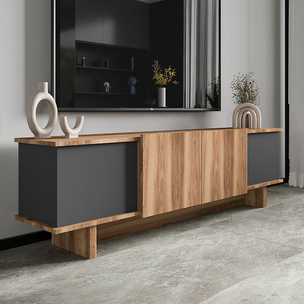 CONCEPT USINE - Meuble TV design avec placards aspect bois et gris anthracite 180cm BRONI - large