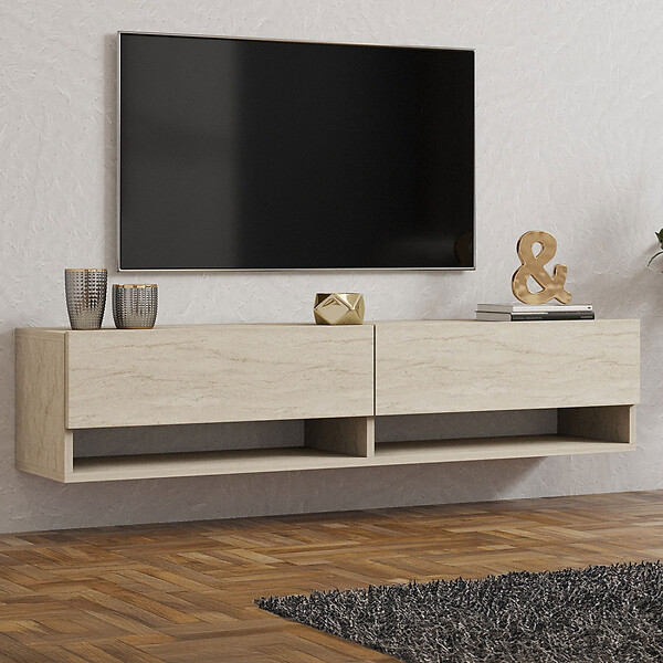 CONCEPT USINE - Meuble TV suspendu avec placards et étagères aspect travertin 140cm SARTY - large