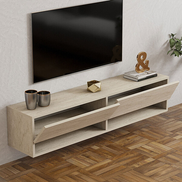 CONCEPT USINE - Meuble TV suspendu avec placards et étagères aspect travertin 140cm SARTY - large
