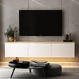CONCEPT USINE - Meuble TV LED suspendu avec placards blanc et plateau bois 160cm LUMI - vignette