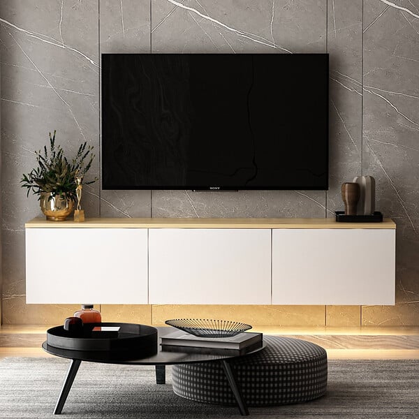 CONCEPT USINE - Meuble TV LED suspendu avec placards blanc et plateau bois 160cm LUMI - large