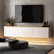 CONCEPT USINE - Meuble TV LED suspendu avec placards blanc et plateau bois 160cm LUMI - vignette