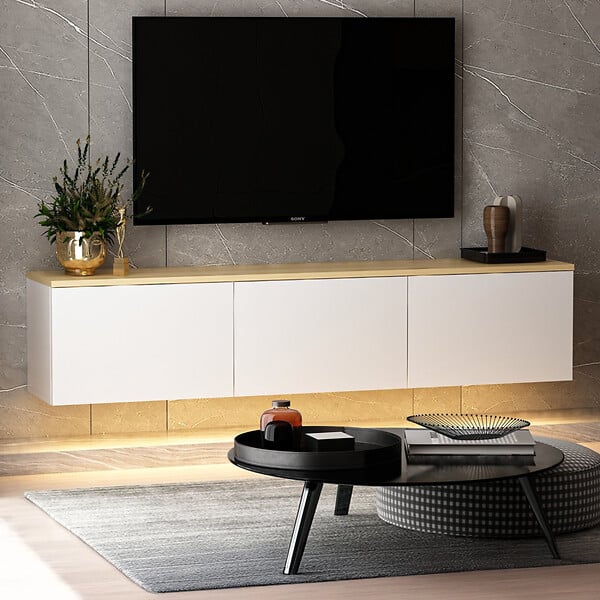CONCEPT USINE - Meuble TV LED suspendu avec placards blanc et plateau bois 160cm LUMI - large