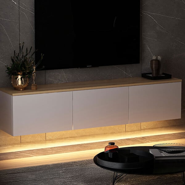 CONCEPT USINE - Meuble TV LED suspendu avec placards blanc et plateau bois 160cm LUMI - large