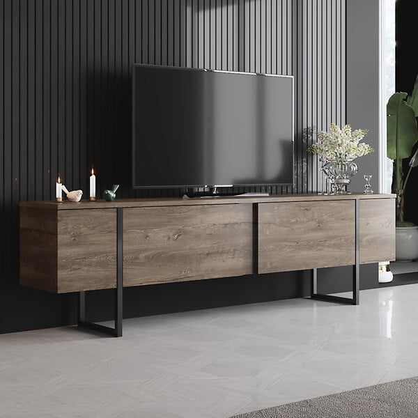 CONCEPT USINE - Meuble TV avec placards aspect bois de noyer et détails noirs 180cm FROPA - large